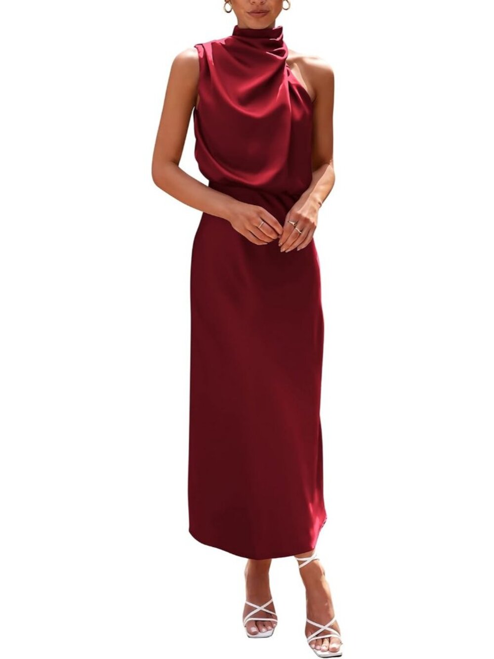 Women's Dark Wine Summer Cocktail Satin Maxi Sleeveless Mock Neck Formal Dresses